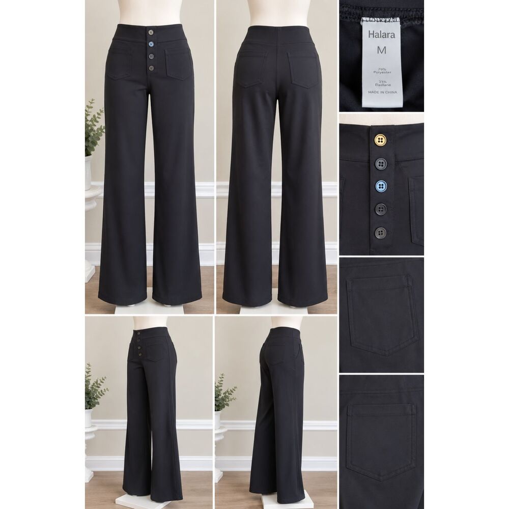 Halara Women’s Black High Waisted Wide Leg Flare Pants Button Front Size Medium